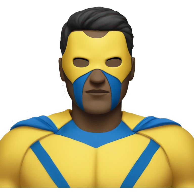 Superhero wearing a yellow and blue suit with black accents. He should have a distinctive yellow visor-style mask covering his eyes, shot black hair. heroic expression. emoji
