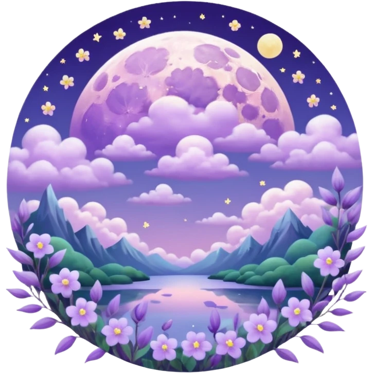 Beautiful poetic ethereal romantic magical aesthetic shiny pretty floating pastel lilac lavender Violet full moon and flowers and leaves aesthetic pastel clouds scenery  emoji