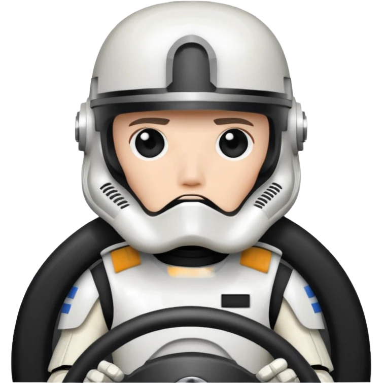 ["Stormtrooper helmet driver, white armor, hands on steering wheel."] emoji