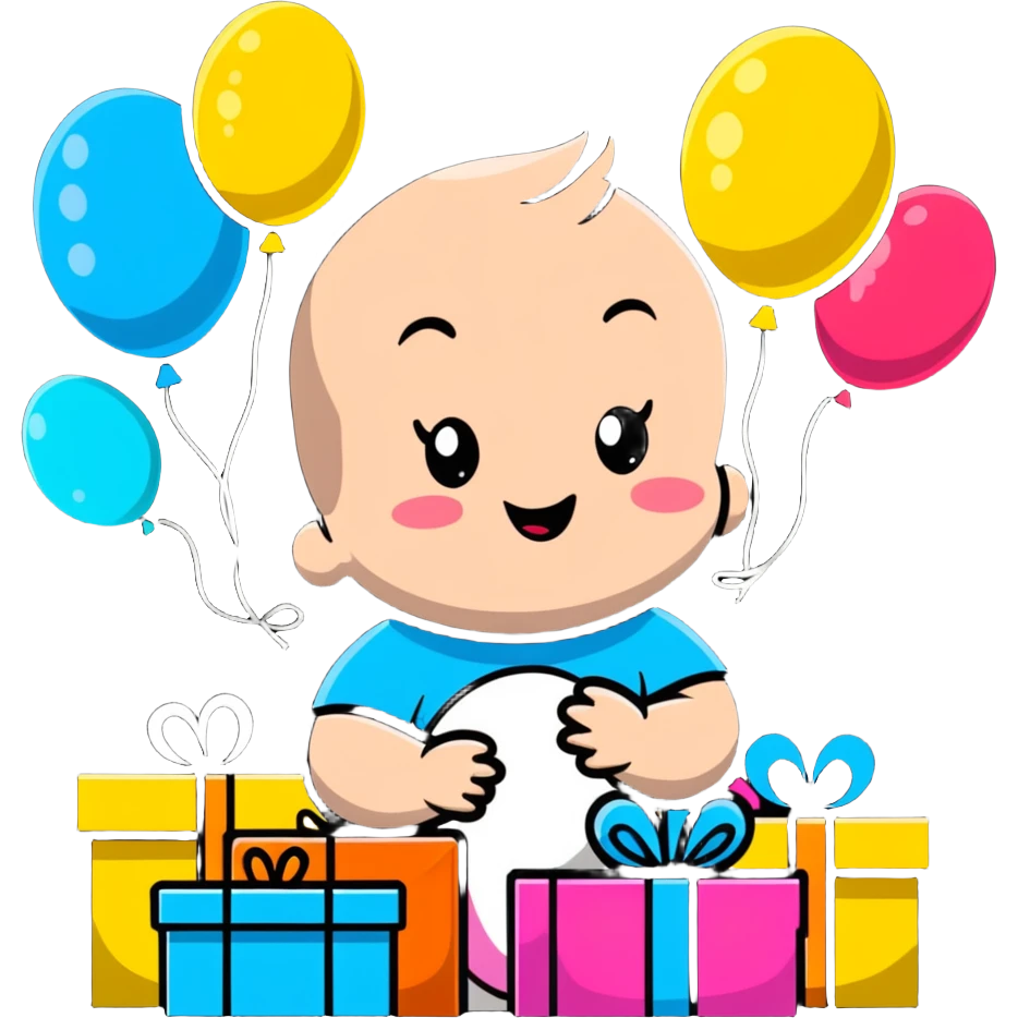 happy baby surrounded by birthday presents and colorful balloons emoji