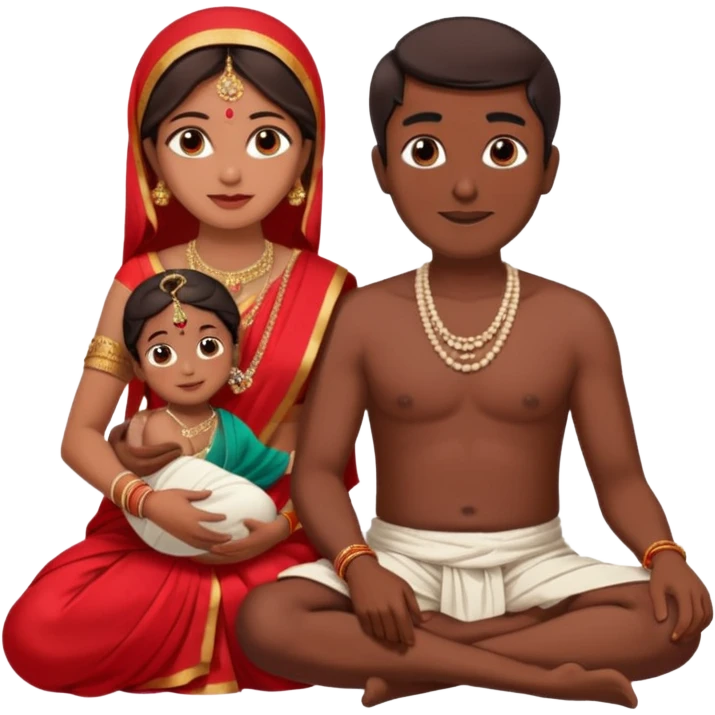 an indian bride sitting on her fathers lap. father is wearing a dhoti, shirtless and sitting on a chai emoji