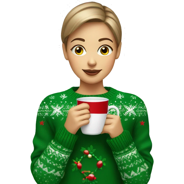 Light brown short haired girl with green eyes drinking coffee wearing Christmas sweater emoji