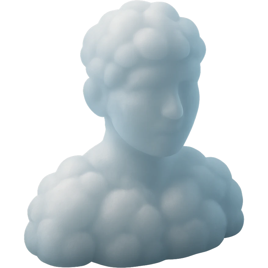 person looking straight, shoulders up, fully made of white fluffy convex clouds, matte glass style, volumetric and soft clouds, no background emoji