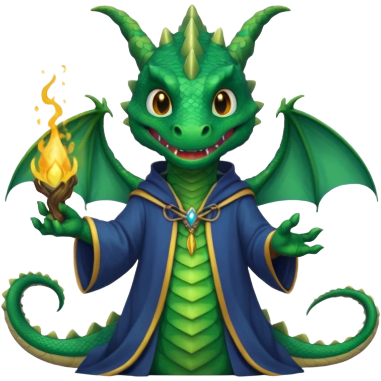 A dragon wearing wizard robes, casting a spell with a curious grin, portrait, bust up emoji