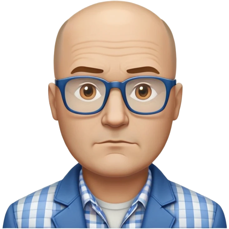 50-year-old heavyset man with very wide face and prominent square jawline. Little to no hair on the sides with some hair on top, balding pattern. Large dark square glasses. Serious-relaxed expression. Light gray jacket that fits his larger frame, white shirt with blue checkered pattern. emoji