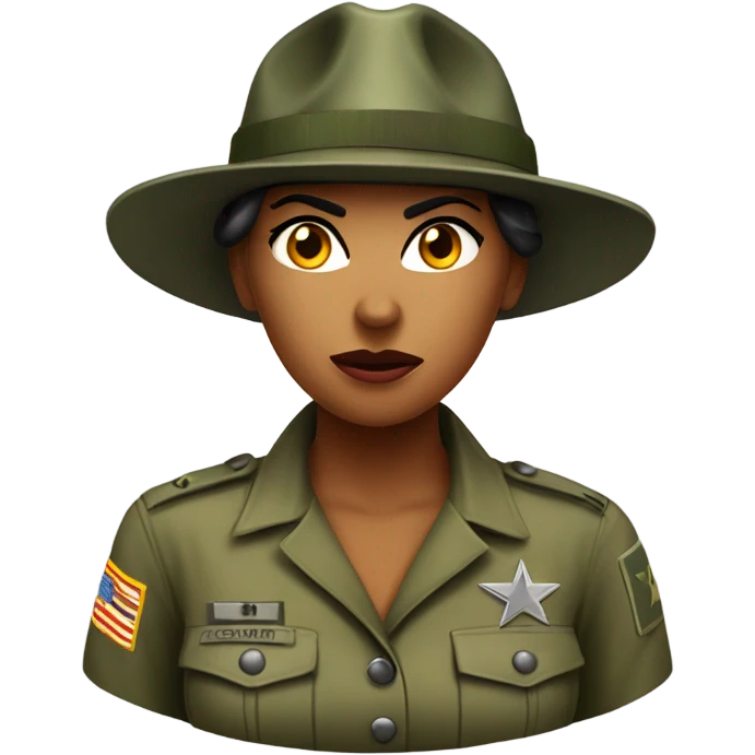 a female drill sergeant showing full torso wearing a classic sergeant hat and a camouflage army shirt. The character should have an angry intense expression.  emoji
