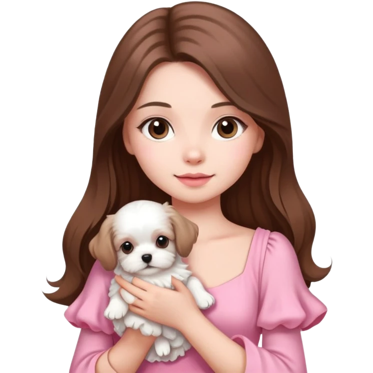 beautiful girl with long hair wearing pink dress holding a white Maltese puppy emoji