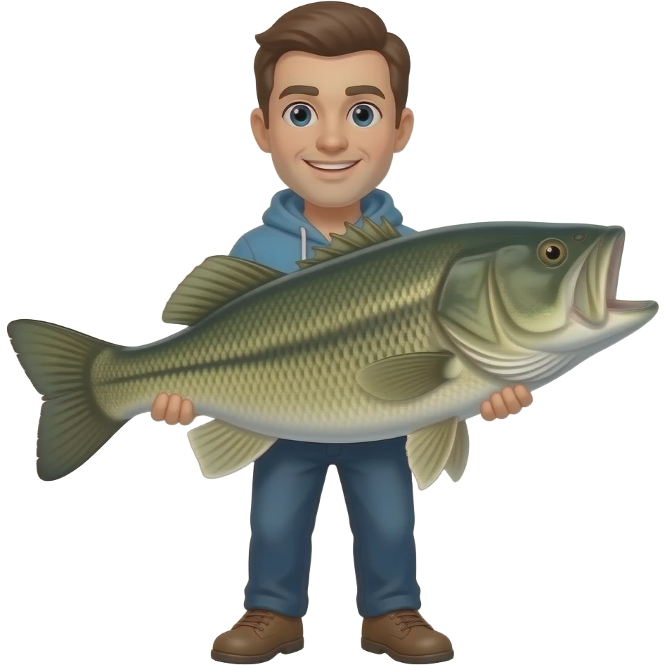a guy holding a massive bass fish emoji