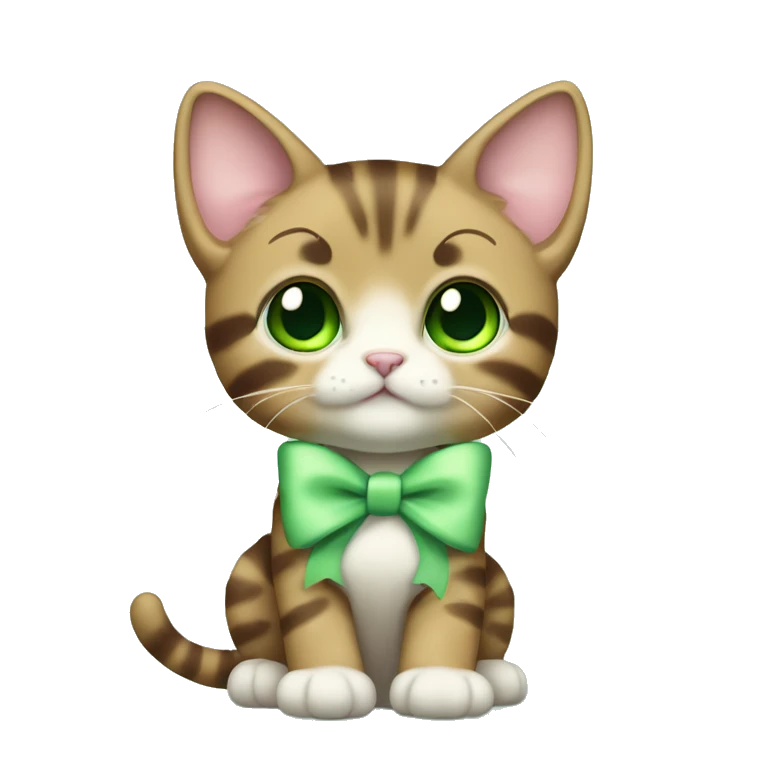 extremely cute kawaii brown tabby kitten with green eyes and pastel green bow full body emoji