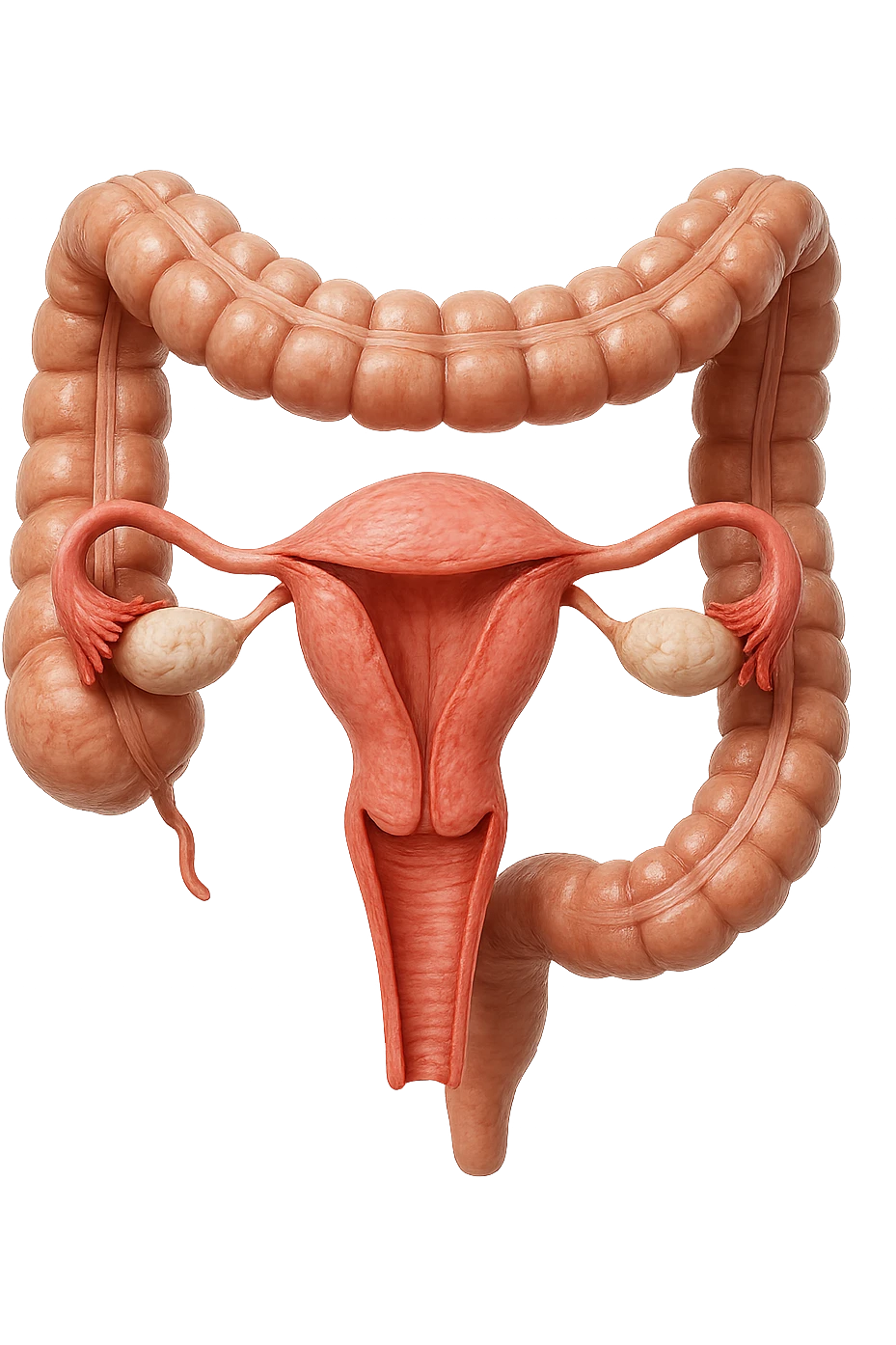 UTERO UMANO ANATOMICO COLLEGATO AD INTESTINO, iperrealistico 4k, SFONDO BIANCO emoji