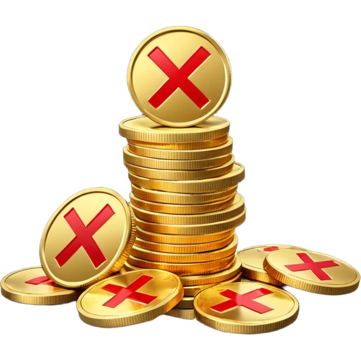 A stack of shiny gold coins without any symbols on top, crossed by a red prohibition sign (no symbol). Apple Emoji style, 3D look, soft reflections, clean white background, high-quality rendering, realistic lighting and shadow, smooth gradients, no text or logo. emoji