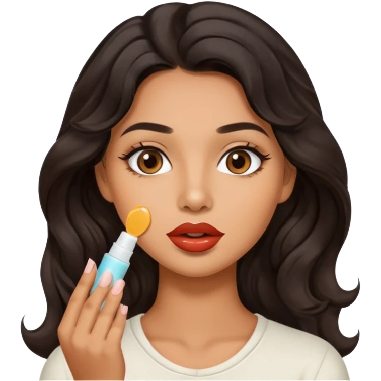 A gorgeous with black wavy hair women applying cute thin lipbalm on her brown lips emoji