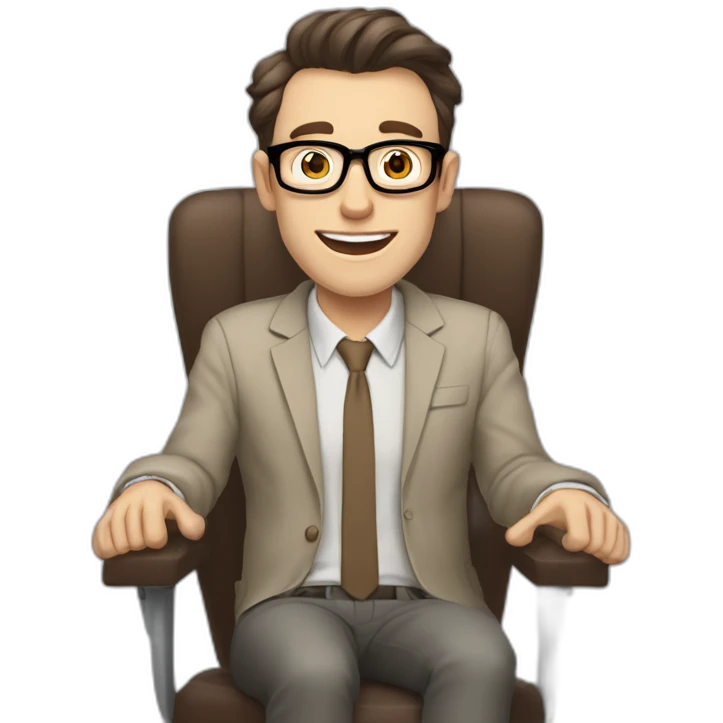 Joyful Pale skinned Fit Man With dark brown hair in gray jacket, beige office shirt, Brown pants and vintage glasses sitting In a soft chair. His thrumbs up emoji
