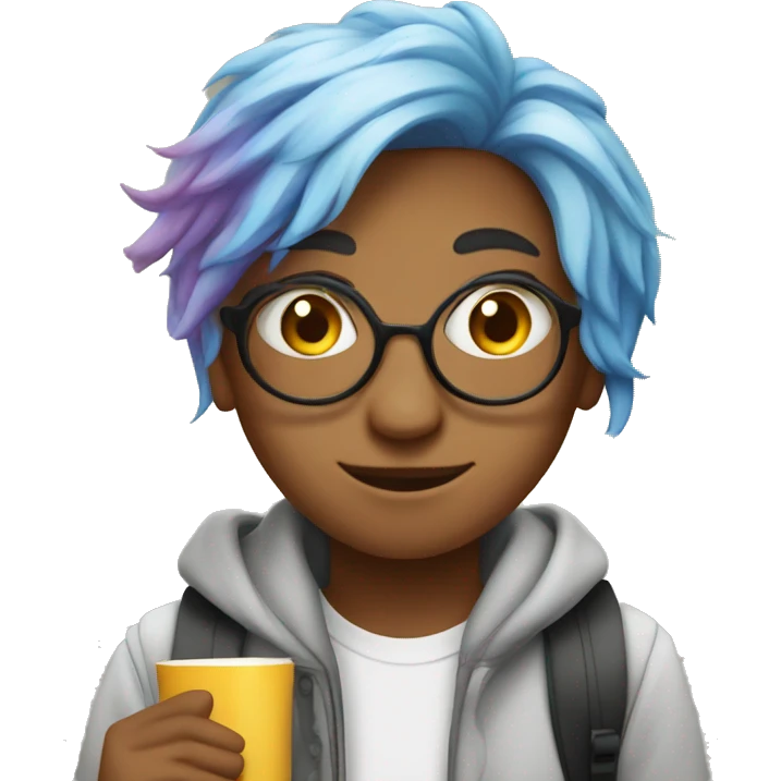 student with colored hair, creative personality, books in hand, coffee in hand

 emoji