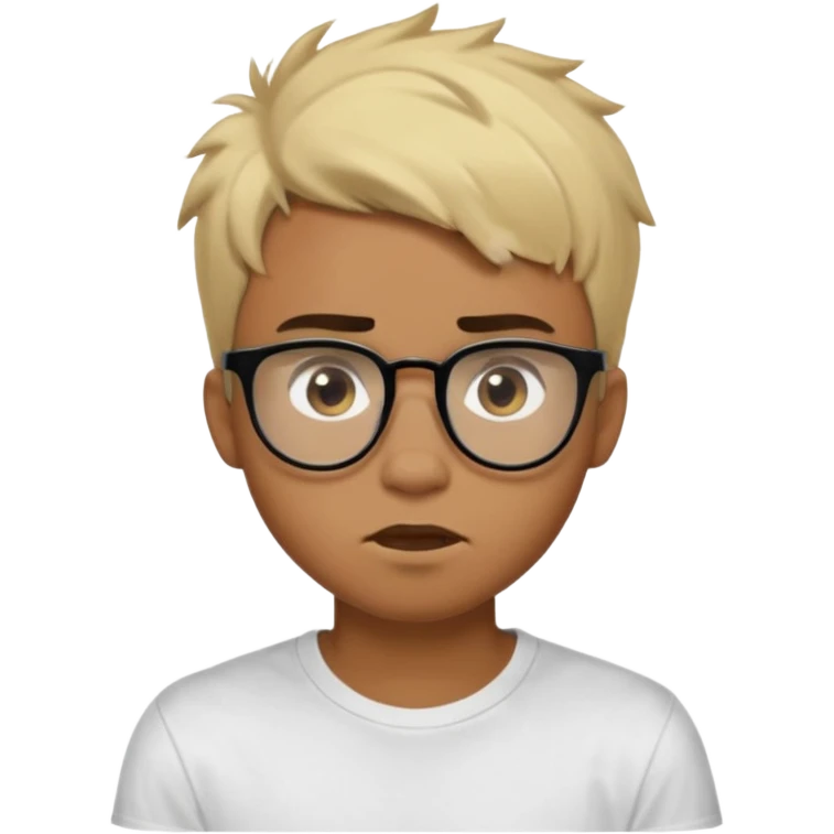 Teenager. Short buzz, messy blonde hair. Dark brown bushy eyebrows large expressive golden-brown eyes, brown skin color, scar over nose, wearing a plain white t-shirt. wearing clear thick black glasses. 20 year old male. wacky facial expression. brown skin color.  emoji