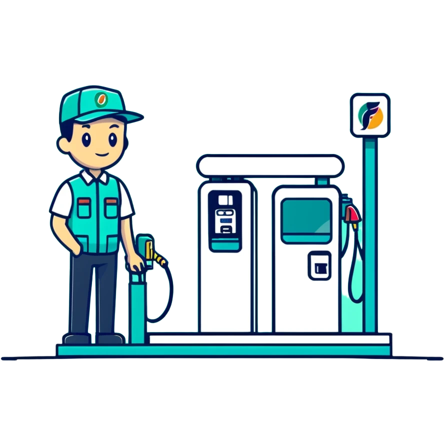 Male gas station attendant standing next to fuel dispenser, minimalist design with soft gradients in sky blue, teal green, white, and light gray emoji