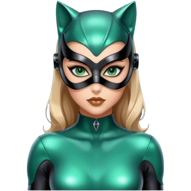 Full body Futuristic Catwoman big blue green eyes with shiny patent leather mask, long false eyashes, most incredible highly detailed Futuristic seductive overall appearance  emoji