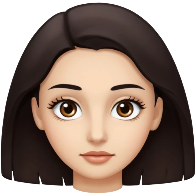 Rostro de forma ovalada con facciones delicadas. Ojos grandes y expresivos de color café oscuro, con pestañas largas y definidas. Cejas oscuras, pobladas y bien formadas. emoji