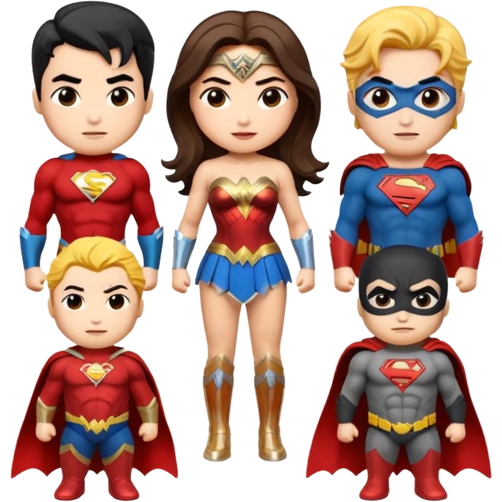 Justice League chibi versions of Flash, Wonder Woman, Superman, Aquaman, and Batman in emoji style emoji