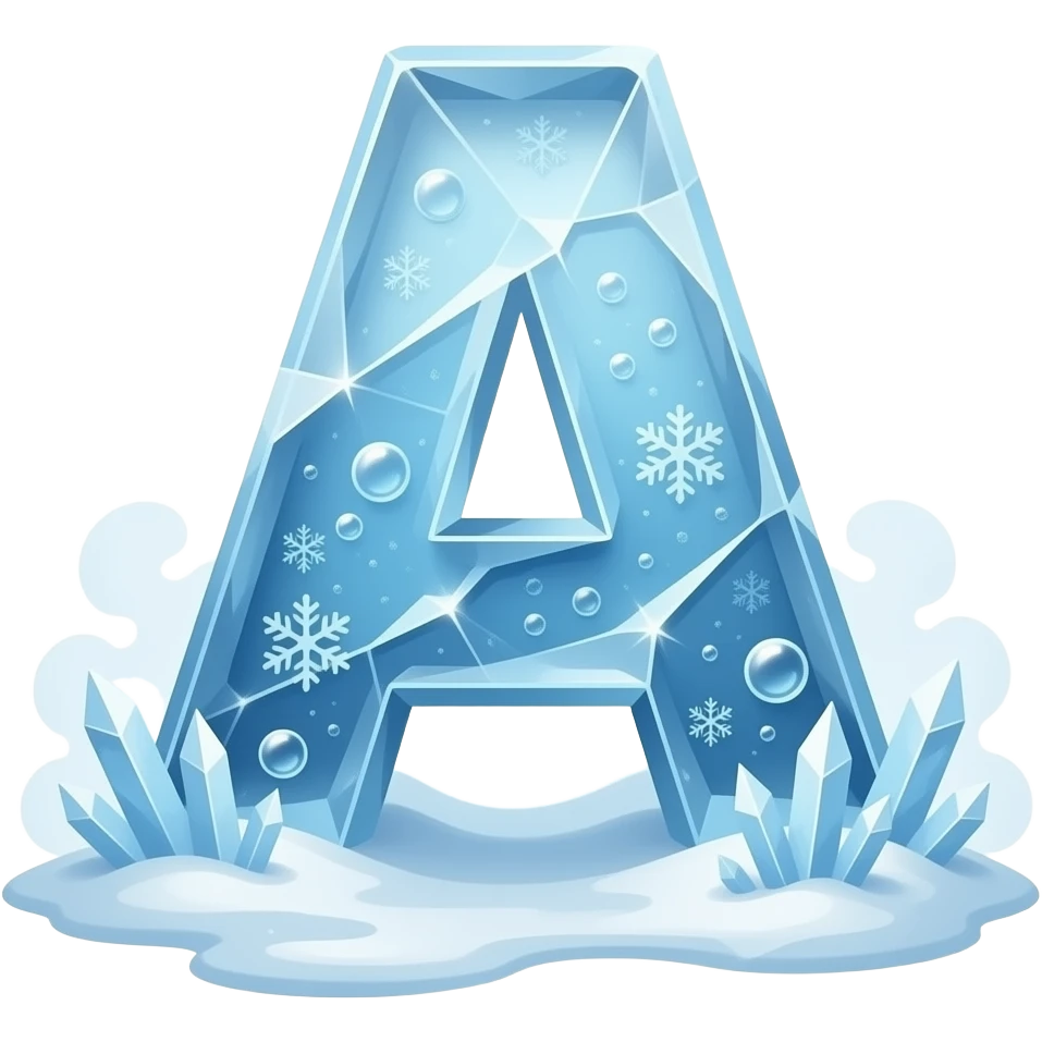 A letter 'A' carved out of ancient, translucent blue glacier ice. Trapped air bubbles and tiny snowflakes visible inside, surrounded by a swirling cold mist and sparkling frost crystals. Sharp edges, 3D render, wintry atmosphere emoji