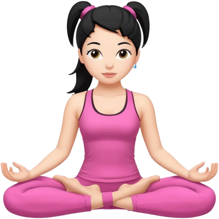 Una chica blanca con pelo negro recogido en una coleta haciendo yoga con un traje rosa  emoji