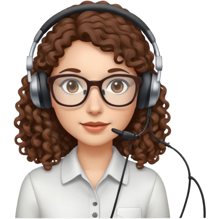 White female  Long Brown curly hair  Dark brown eyes  Small Square glasses  Headset  emoji