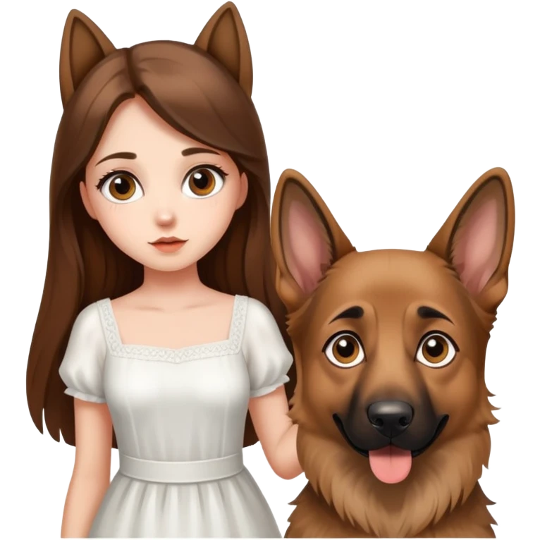 A beautiful girl with big eyes, fair skin, long brown hair with white dress and a German Shepherd dog emoji
