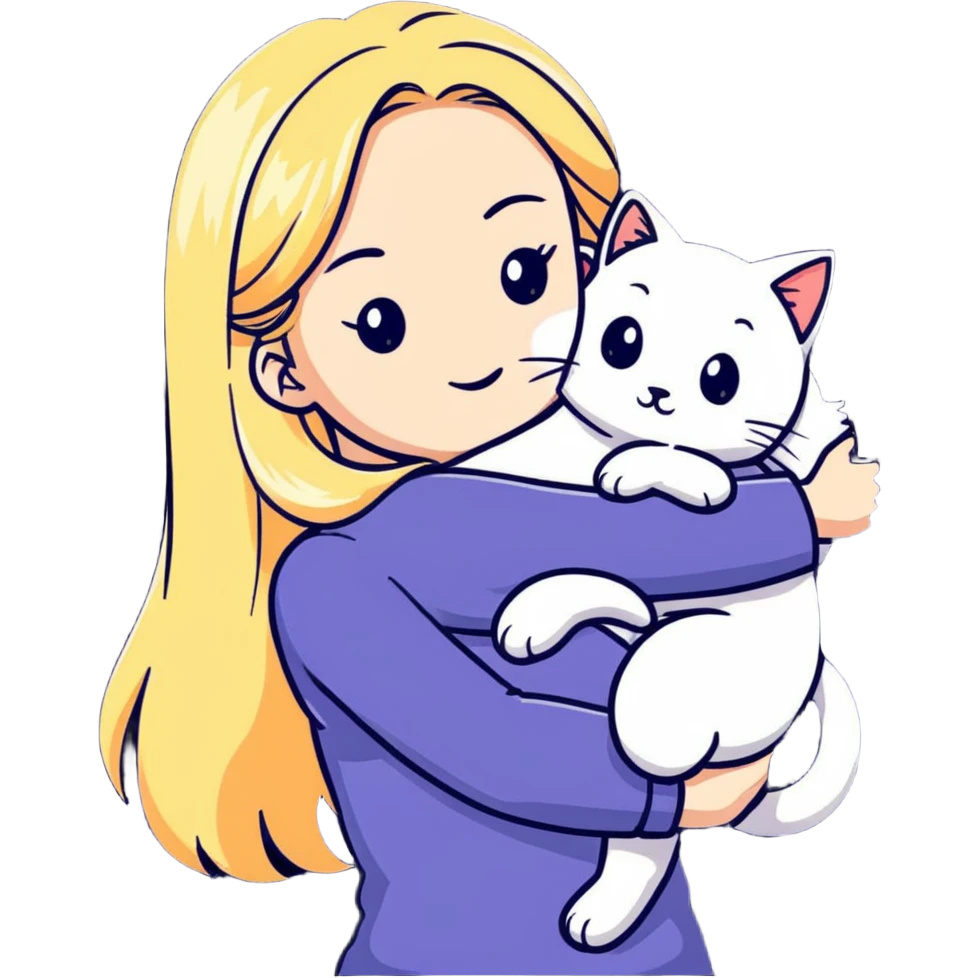 pretty woman with pale skin, very long blonde hair hugging a cat emoji