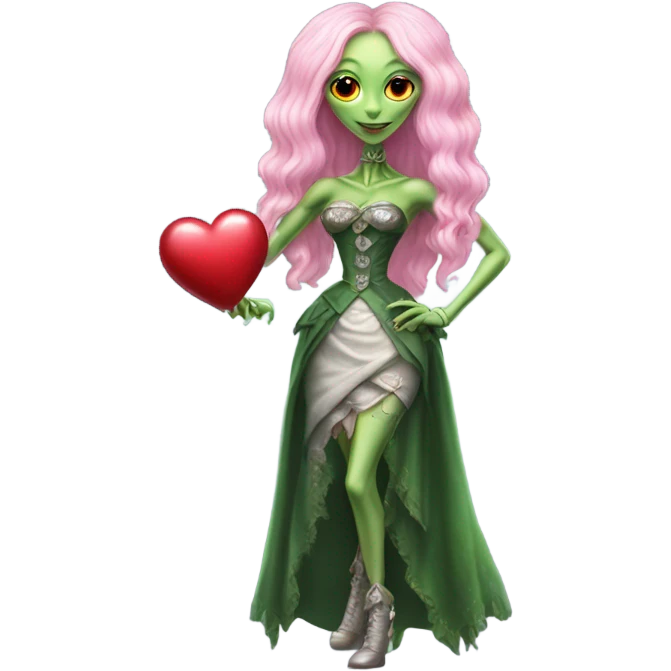 a green alien woman in Victorian white gold, pink hair,holdig, red big hearth, full body emoji
