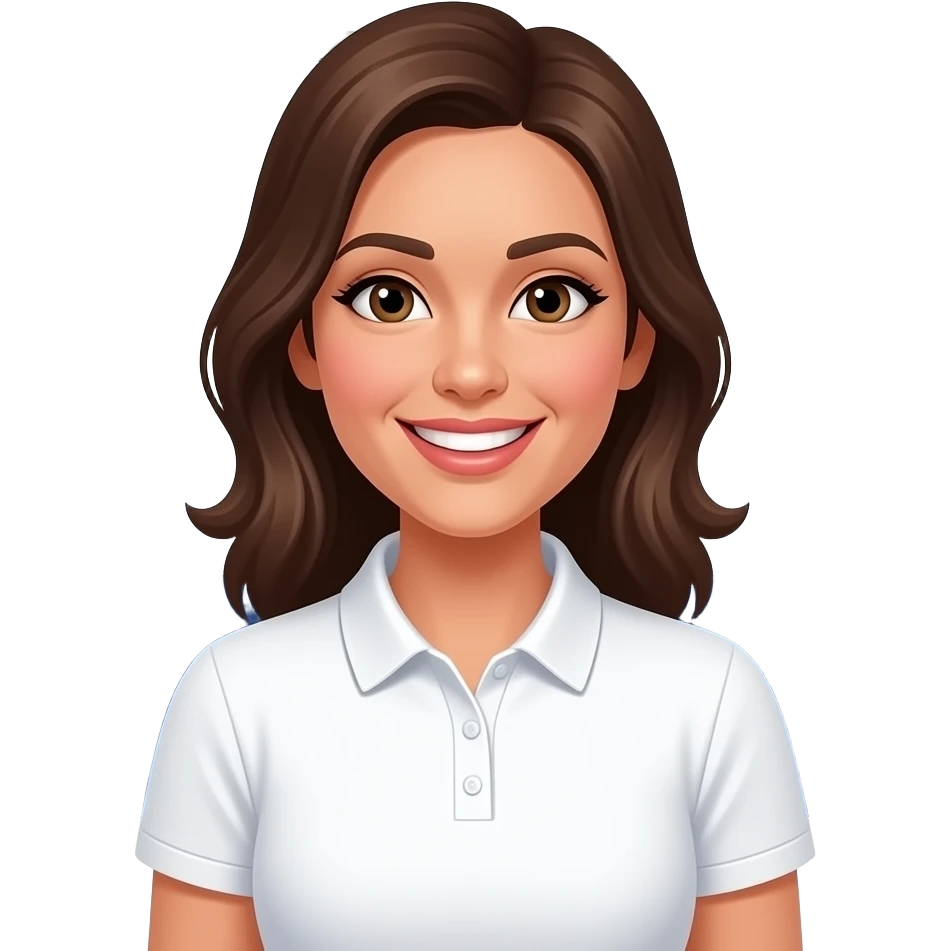 female community Manager, white halfsleeve polo shirt, smiling, add event background emoji