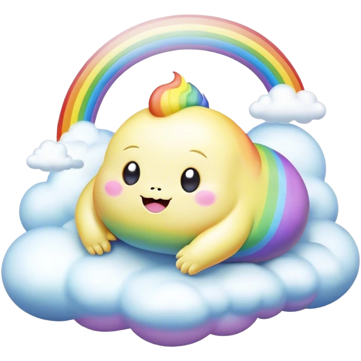 3D, Kawaii derpy fat rainbow monster laying on a magic rainbow cloud, rich textures, visually detailed, so lifelike that it feels like it could leap off the page at any moment emoji