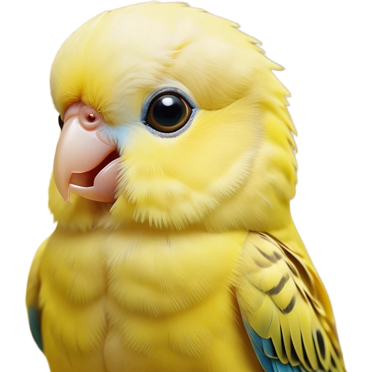 Cinematic Cute Yellow Budgie Portrait Emoji, Head tilted playfully and inquisitively, featuring a radiant yellow feathered fur with a natural sheen, round, sparkling dark eyes filled with curiosity, Simplified yet irresistibly adorable features, highly detailed, glowing with a warm, friendly glow, high shine, affectionate and lively, stylized with a touch of whimsy, bright and endearing, soft glowing outline, capturing the essence of a mischievous yet loving budgie, so playful it feels like it could chirp out of the screen and into your arms! emoji
