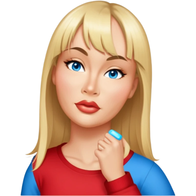 female, wearing red shirt, long mittle-blonde hair with thin bangs emoji