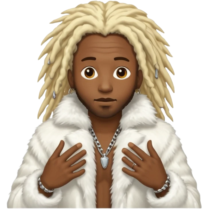 black man with blonde dreadlocks hanging down, wearing an all white fur coat, surrounded by chrome emoji