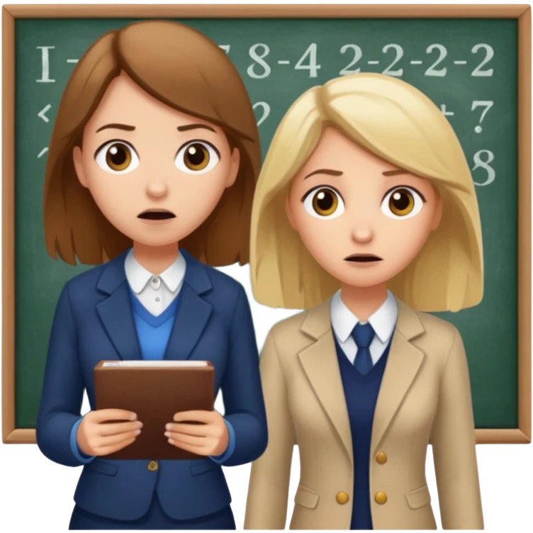 super scared white girl with brown hair doing math while a scary old blond teacher stands over her emoji