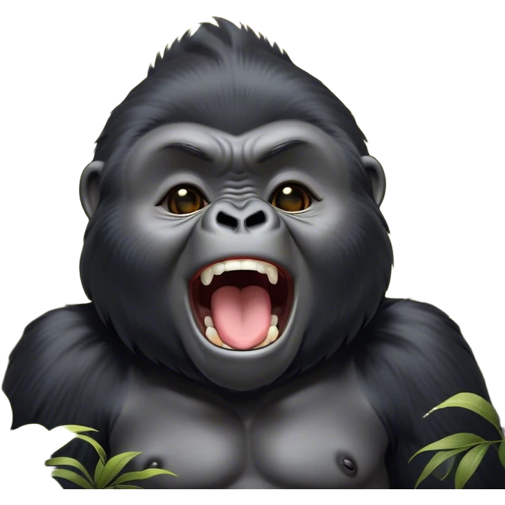 Cinematic Cute Yawning mountain Gorilla Portrait Emoji, Head tilted slightly with a dramatic, wide-open yawn, showcasing a formidable build with a black and greyy mane and drowsy, half-closed eyes, Simplified yet irresistibly adorable features, highly detailed, glowing with a soft, cozy jungle glow, high shine, relaxed yet expressive, stylized with a dash of whimsical primate charm, soft glowing outline, capturing the essence of a drowsy yet affectionate guardian that appears ready to stretch out for a nap! emoji