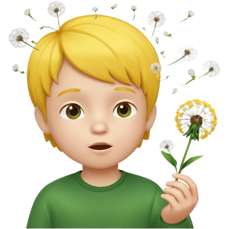 A 3D cartoon child blowing on a dandelion, seeds flying in the air, sunny garden background, realistic Memoji-style. emoji