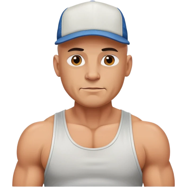 Bald muscle bound man in a tank top, with a trucker hat emoji