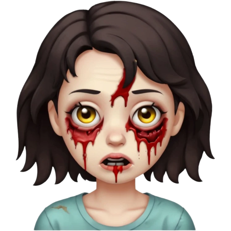 Zombie girl with bruises, she has a dark brown  short wavy hair, she has a tired expression and BLACK eyes, she has dark circles too, her mouth is ripped, make her more emoji-like.  emoji