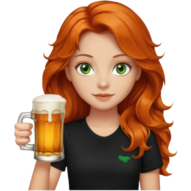 Girl with dark long orange wavy hair, green eyes, and black t-shirt with beer on hand emoji