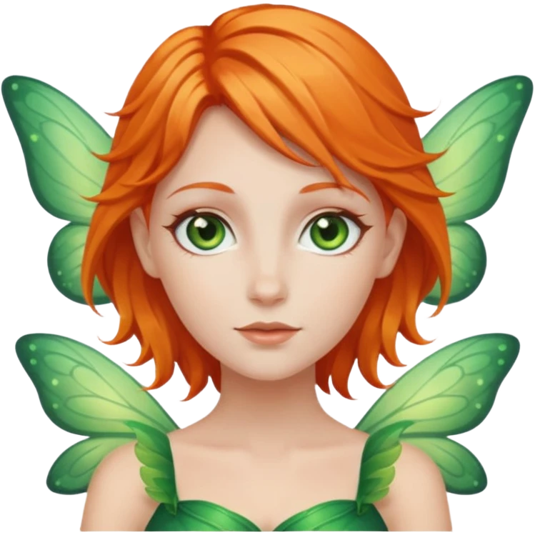white woman, orange hair, green eyes, fairy emoji