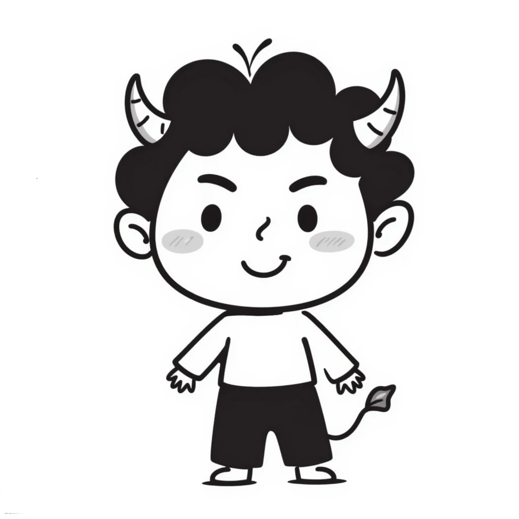 hand-drawn chibi demon with big head, tiny body, cute horns and mischievous smile emoji