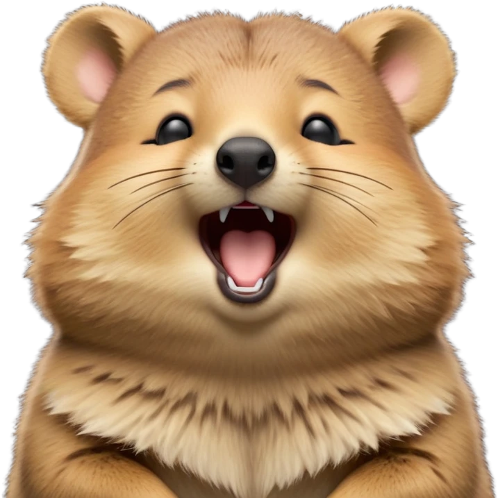 cinematic-realistic  yawning quokka-emoji,-small-round-frame, head tilted in an endearing manner, wouth wide open yawning, sleepy comical smile, fluffy cheeks, giant-fluffy-cheeks-large-smile-fluffy-brown-fur-radiating-a-warm-softness,-big-round-eyes-filled-with-joy, realistic round  fluffy zoomed in, large black eyes one paw raised in the air emoji
