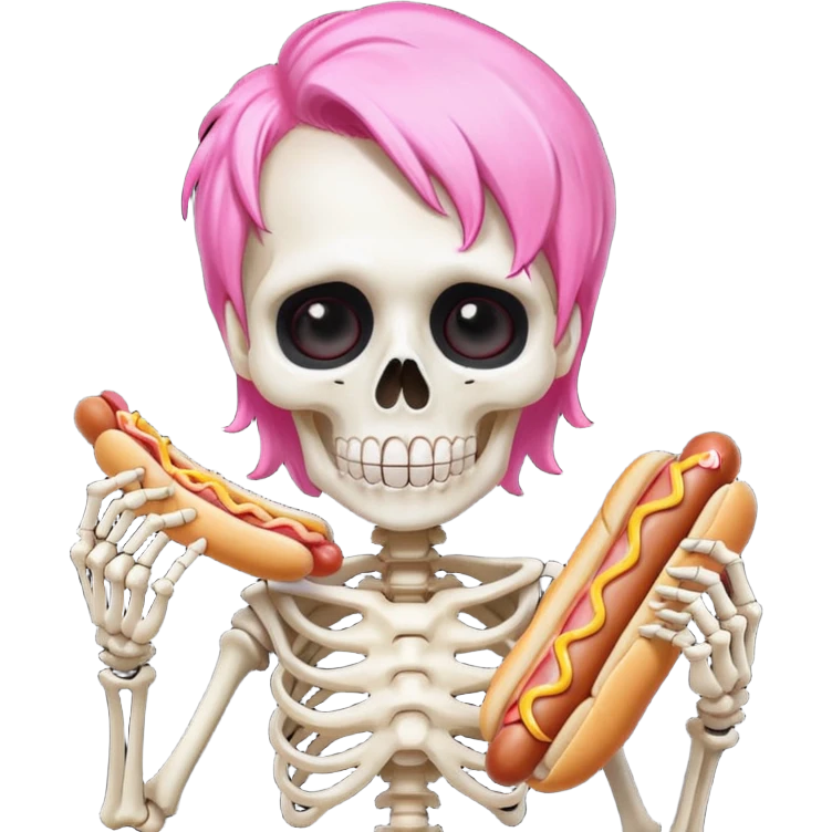 skeleton with pink hair eating a hot dog emoji