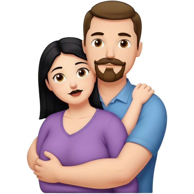 Couple, Tall strong white man with brown mustache goatee hugging a chubby short pale woman with long black hair emoji