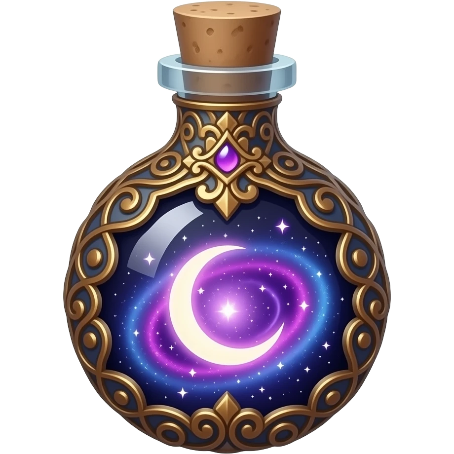 ornate glass vial with metallic filigree, swirling cosmic nebula inside, glowing purple‑pink‑blue light, crescent moon and tiny stars suspended in liquid, ethereal magical atmosphere emoji