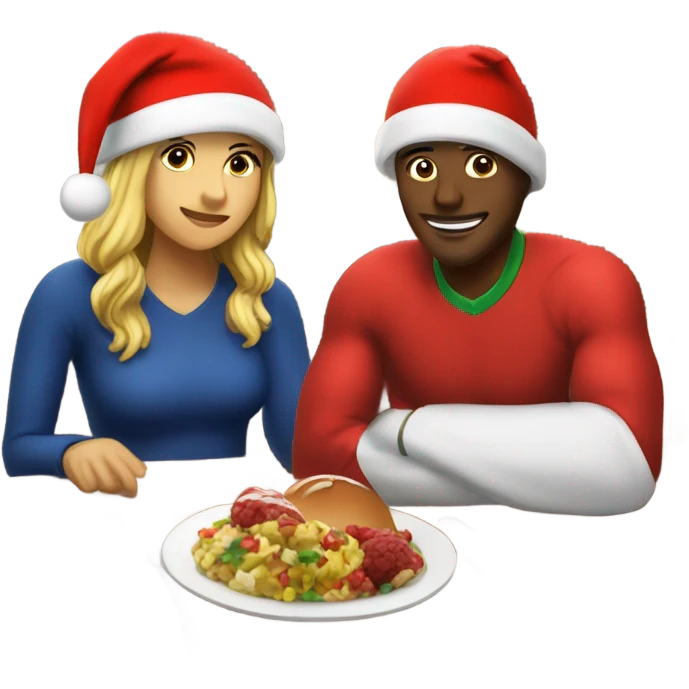 Sports emoji couple, man and woman in sportswear, sitting at the New Year's dinner table with a red Christmas hat emoji
