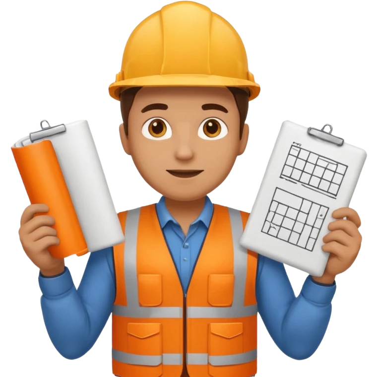 engineer in orange vest and boots, holding a set of plans, emoji style emoji