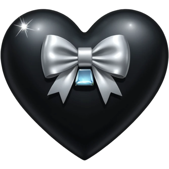 glossy black heart with a silver bow with sparkles emoji