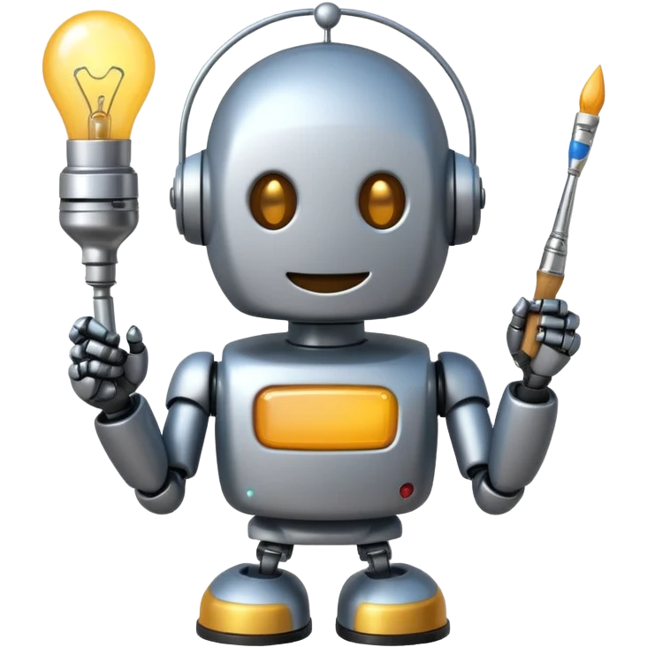 playful 2D cartoon emoji of a smiling robot holding a paintbrush with a glowing lightbulb above its head, clearly indicating AI-assisted creation, in the style of standard Slack emojis emoji